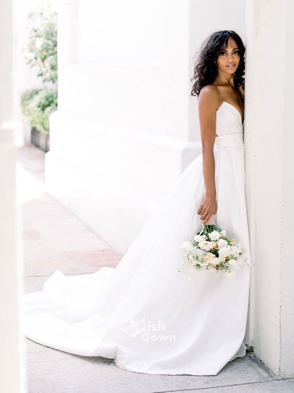 Unique White Sweetheart A-line Strapless Satin Long Wedding Dress With Trailing, WGB015