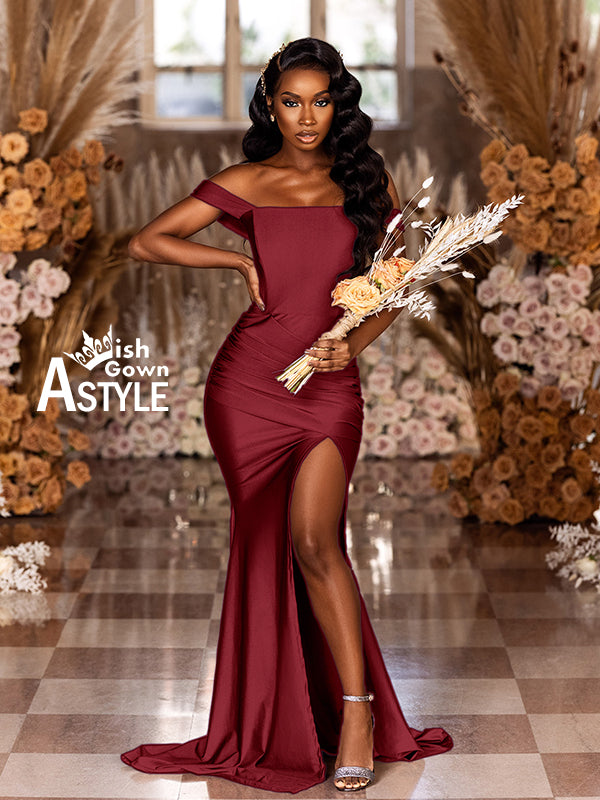 Blush Burgundy Mermaid Sexy High Slit Burnt Brown Satin Long Bridesmaid Dresses, WGM012