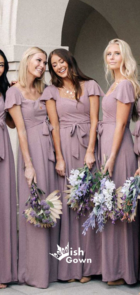 Square Collar Purple Chiffon A-line Floor-Length Wedding Party Bridesmaid Dresses, WGM022