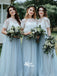 Two Pieces Ivory Lace Short Sleeve A-line Blue Tulle Long Bridesmaid Prom Dresses, WGM024