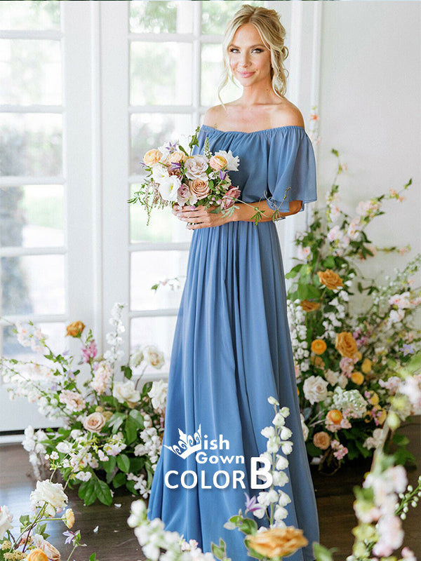 Different Blue Off Shoulder Chiffon A-line Wedding Guest Long Bridesmaid Dresses, WGM025