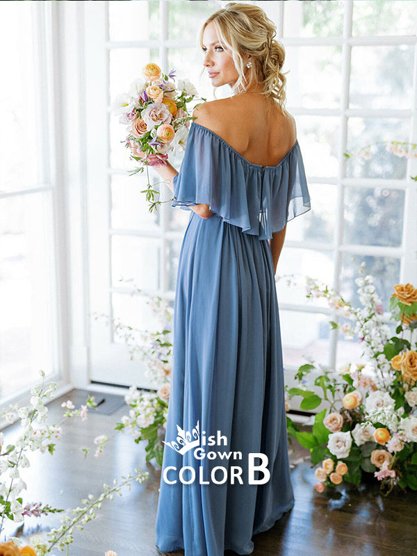 Different Blue Off Shoulder Chiffon A-line Wedding Guest Long Bridesmaid Dresses, WGM025