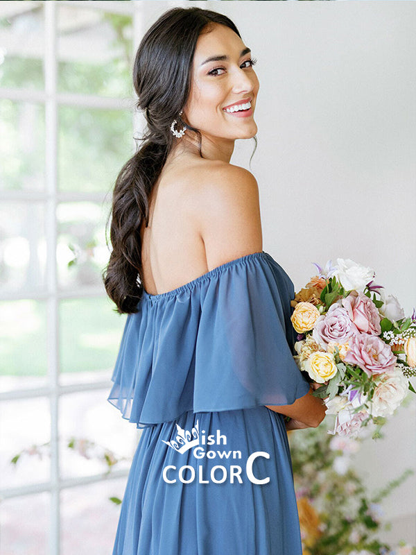 Different Blue Off Shoulder Chiffon A-line Wedding Guest Long Bridesmaid Dresses, WGM025