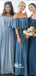 Different Blue Off Shoulder Chiffon A-line Wedding Guest Long Bridesmaid Dresses, WGM025