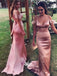 Dusty Rose Off Shoulder Spaghetti Strap Satin Mermaid Wedding Guest Bridesmaid Dresses, WGM028