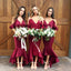 Burgundy Champagne Off Shoulder Spaghetti Strap Mermaid Soft Satin Bridesmaid Dresses, WGM031