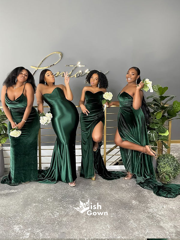 Dark Green Mismatched Sweetheart Satin Velvet Mermaid Bridesmaid Dresses, WGM046