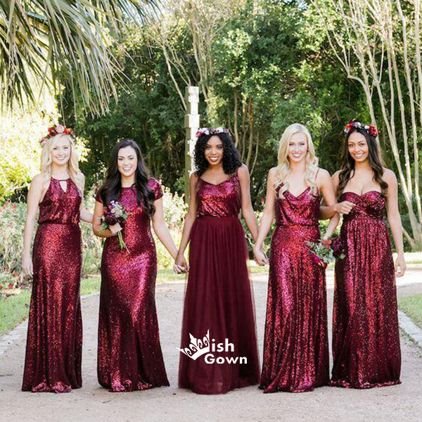 Multiple Types Sparkly Burgundy Sequin Long Bridesmaid Dresses Prom Dresses, WGM057