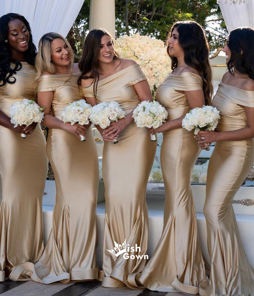 Champagne Gold Mermaid Off Shoulder Soft Satin Floor Length Bridesmaid Dresses, WGM058