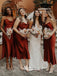 Soft Satin Burgundy Sheath Spaghetti Strap Tea-length Wedding Bridesmaid Dresses, WGM062