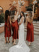 Soft Satin Burgundy Sheath Spaghetti Strap Tea-length Wedding Bridesmaid Dresses, WGM062