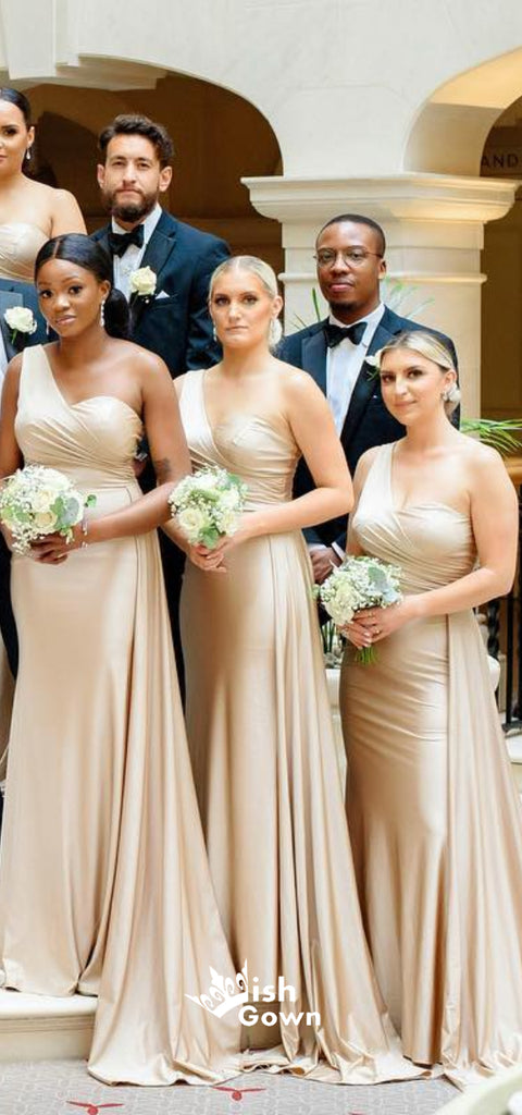 Champagne Gold Soft Satin One Shoulder Pleats Long Bridesmaid Dresses, WGM079