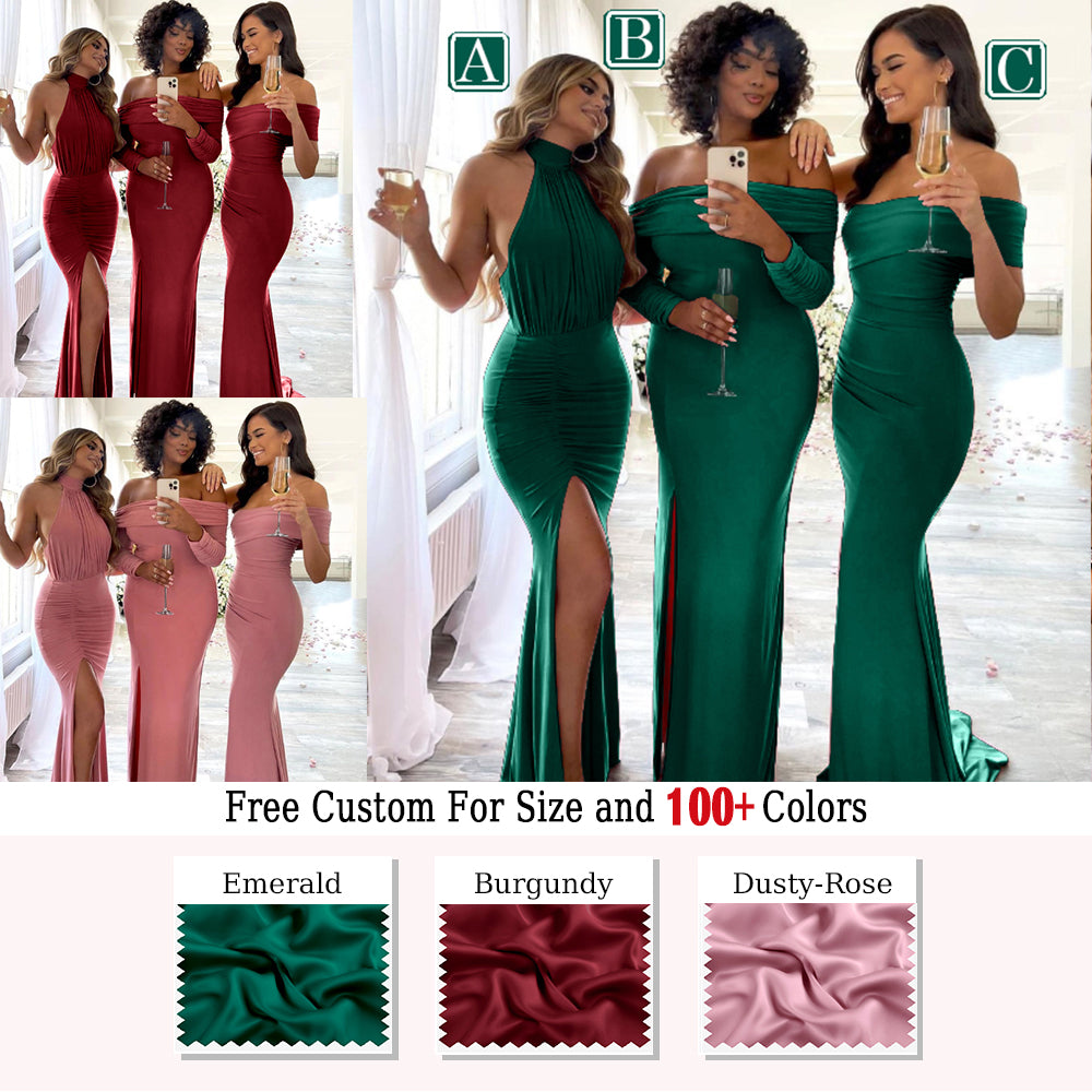 Multiple Types Pink Off Shoulder Halter Slits Mermaid Wedding Guest Bridesmaid Dresses, WGM080