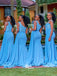 Blue One Shoulder Lace Top High Slits Mermaid Long Bridesmaid Dresses, WGM093