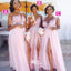 Pretty Light Pink Lace Applique A Line Chiffon Side Slit Long Bridesmaid Dresses, WGM096