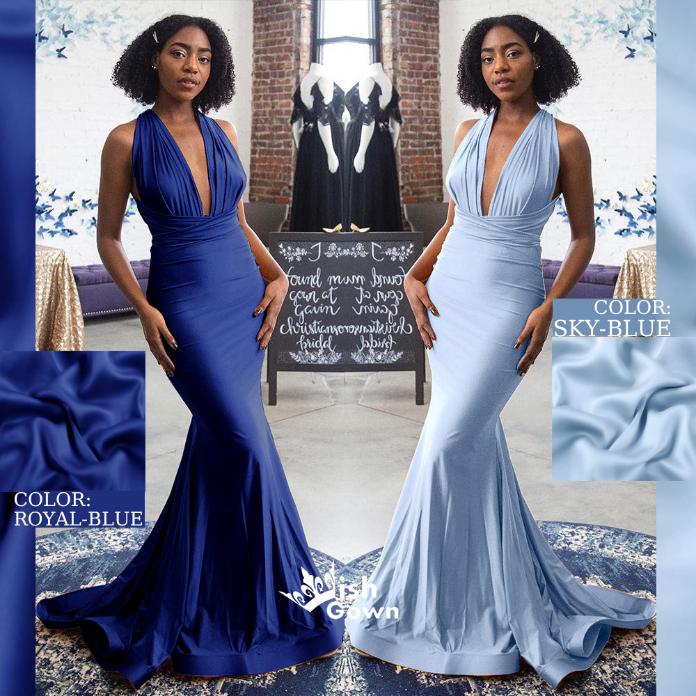 Blue Convertible Soft Satin Halter Lace Up Backless Long Mermaid Bridesmaid Dresses, WGM102