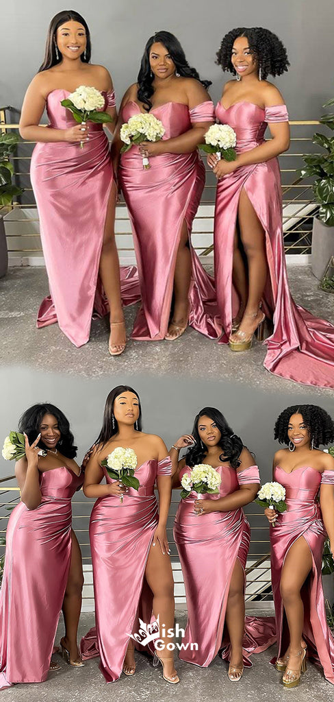 Pink Mismatched Strapless Sweetheart Soft Satin Slits Long Mermaid Bridesmaid Dresses, WGM110