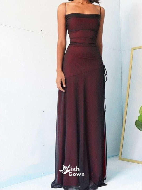 Vintage Burgundy Sheath Spaghetti Straps Slits Long Wedding Guest Bridesmaid Dresses, WGM114