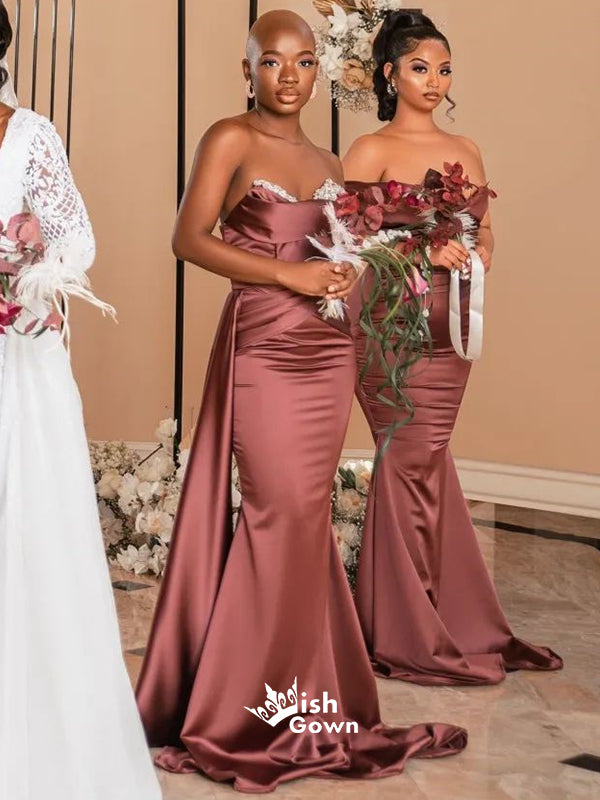 Mismatched Off Shoulder Pleats Squins Sweetheart Mermaid Soft Satin Long Bridesmaid Dresses, WGM117