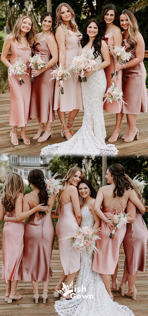 Blush Pink Chic Soft Satin Spaghetti Straps Criss Cross Sheath Bridesmaid Dresses, WGM120