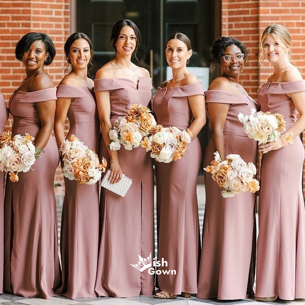 Graceful Pink Off Shoulder Slits Mermaid Long Bridesmaid Dresses, WGM121