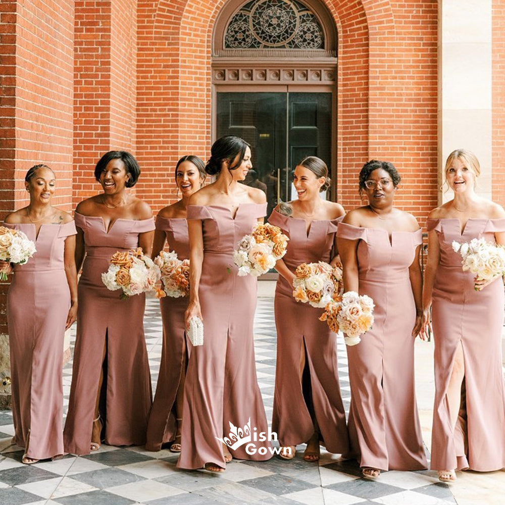 Graceful Pink Off Shoulder Slits Mermaid Long Bridesmaid Dresses, WGM121