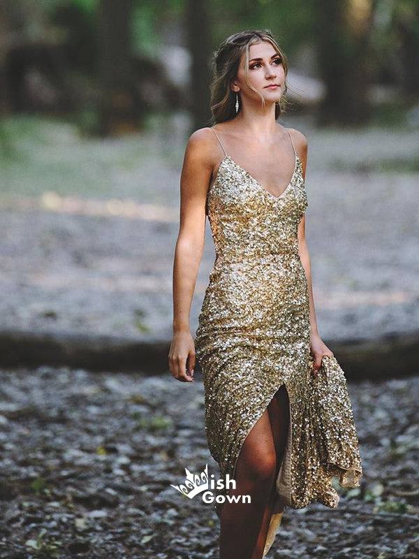 Sexy Gold Sequin Mermaid Shinning Spaghetti Straps Backless Prom Dress, WG1011