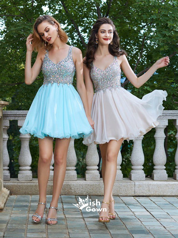 Princess Style Straps Rhinestone Short/Mini Chiffon Homecoming Dresses, WGP020