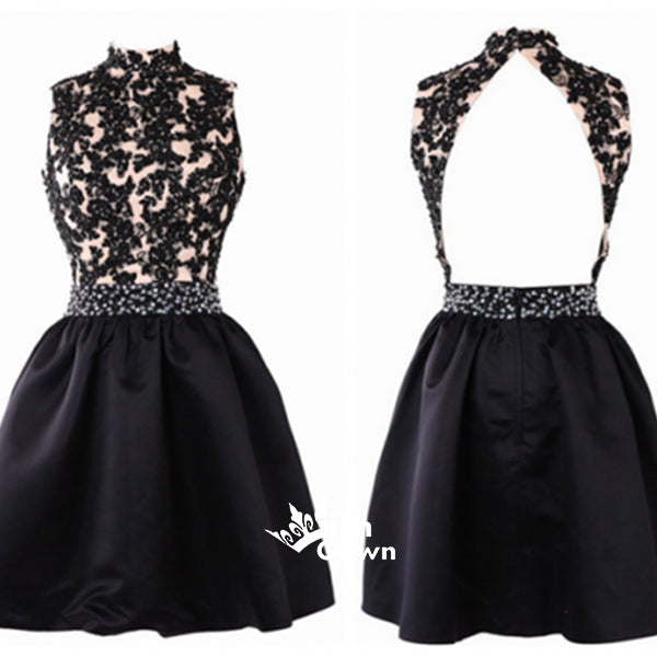 Popular Black Lace Halter Top A-line Satin Short Open Back Homecoming Prom Dress, WGP023