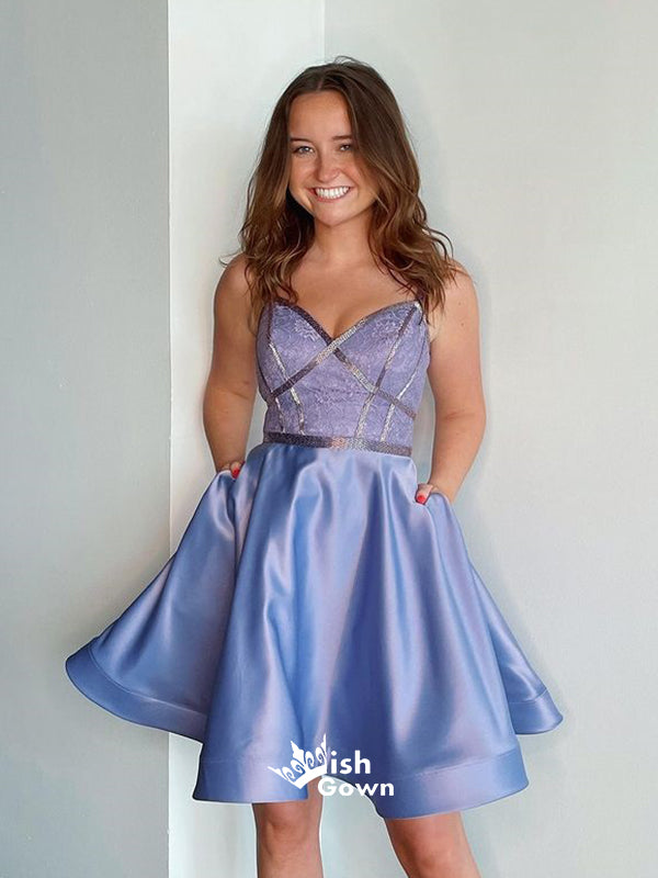 Light Purple Spaghetti Strap A-line Satin Pockets Short Homecoming Prom Dress, WGP029