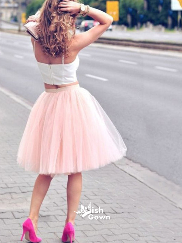 Light Pink Spaghetti Strap Two Pieces Tulle Knee-length Homecoming Prom Dress, WGP046