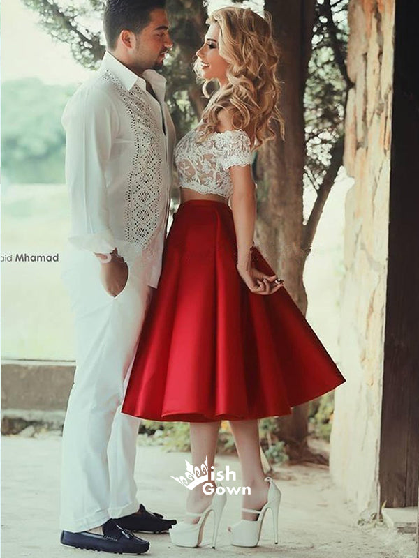 Two Pieces Red Tea-length White Lace Top Off Shoulder Cocktail Homecoming Prom Dress, WGP048