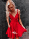 Red V-neck Spaghetti Strap Soft Satin Short Casual Prom Homecoming Dress, WGP049