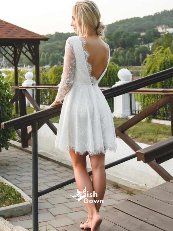 Long Sleeves Full Lace V Neck Backless Summer Beach Bridal Homecoming Graduation Cocktail Dress, WGP052