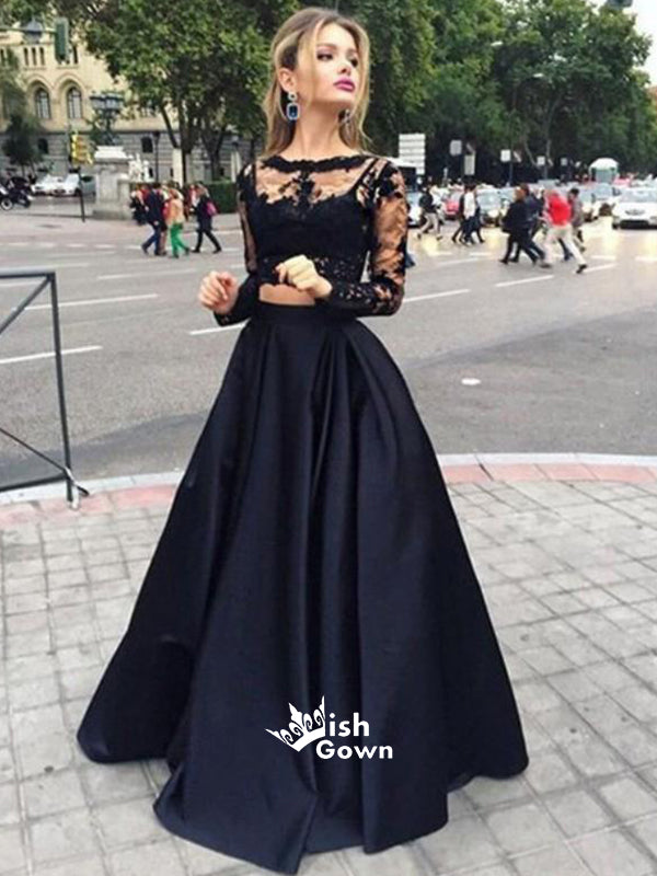 Popular Two Pieces Long Sleeves Black Lace Satin Long Prom Dresses, WGP063