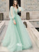 Mint Green A-line Deep V-neck Beaded Long Sleeves Evening Gown Prom Dress, WGP064