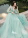 Mint Green A-line Deep V-neck Beaded Long Sleeves Evening Gown Prom Dress, WGP064