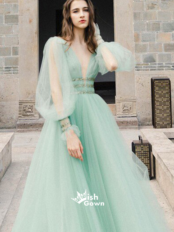 Mint Green A-line Deep V-neck Beaded Long Sleeves Evening Gown Prom Dress, WGP064