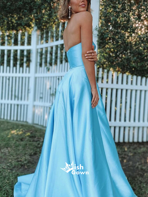 Sky Blue Satin Strapless Sweetheart Side Split Evening Long Prom Dresses, WGP065