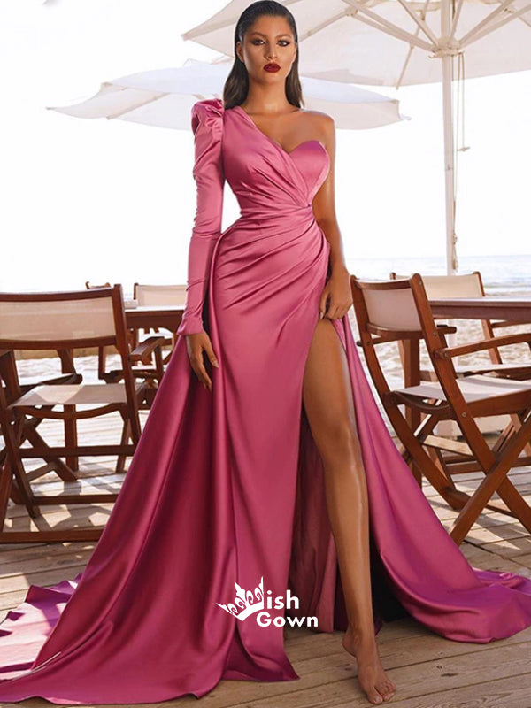 Peach Pink Split Side Satin One Shoulder Long Sleeve A-line Long Prom Dresses, SG105