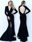 Simple Black Open Back V-neck Long Sleeves Side Split Evening Prom Dresses, WGP069