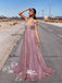 Sparkle Dusty Pink Deep V-neck Backless Long A-line Evening Prom Dresses, WGP070