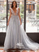 Charming Silver V-Neck Sequins Sexy Backless Organza A-line Evening Sparkly Long Prom Dress, WGP078