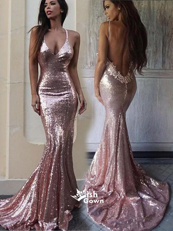 Mermaid Sparkly Pink Sequin Open Back Appliques Trim With Trailing Evening Long Prom Dresses, WGP087