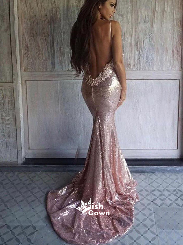 Mermaid Sparkly Pink Sequin Open Back Appliques Trim With Trailing Evening Long Prom Dresses, WGP087