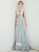 Grey Blue Chiffon A-line Appliques White Lace Top Cheap Wedding Dress Long Prom Dresses, WGP096