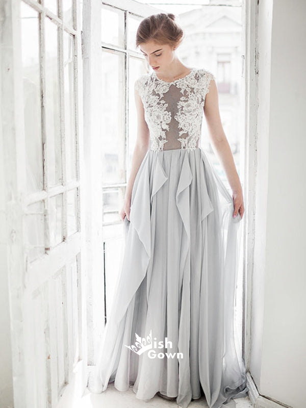 Grey Blue Chiffon A-line Appliques White Lace Top Cheap Wedding Dress Long Prom Dresses, WGP096