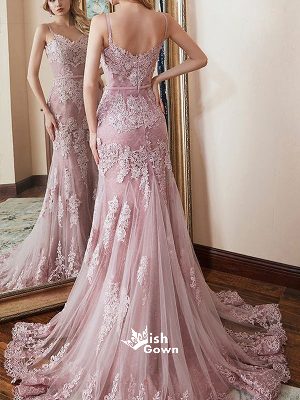 Pink Mermaid Spaghetti Straps Brush Applique Lace Evening Prom Dresses With Trailing, WGP097