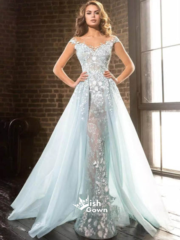 Ice Blue Applique See Through Mermaid V-neck Tulle A-line Long Evening Prom Dresses, WGP098