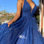 Sparkle Royal Blue Spaghetti Strap Gradient Tulle V-neck A-line Evening Party Long Prom Dresses, WGP101